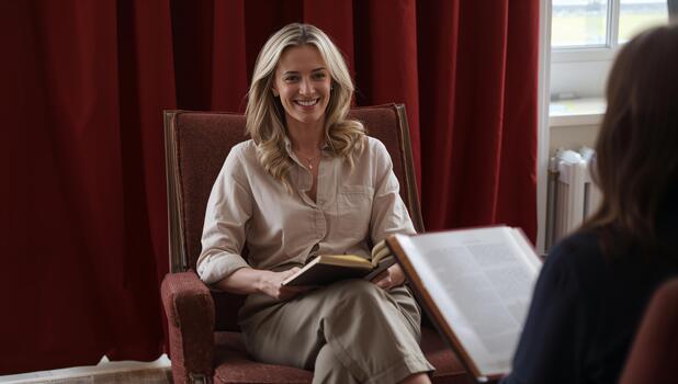 Interview Setting With a Smiling Woman in a Cozy Armchair and Red Backdrop During a Casual Conversation. photo