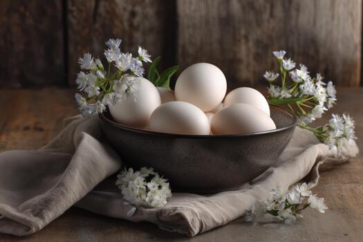 Fresh Eggs Displayed in a Rustic Bowl Surrounded by Delicate Flowers on a Wooden Table photo