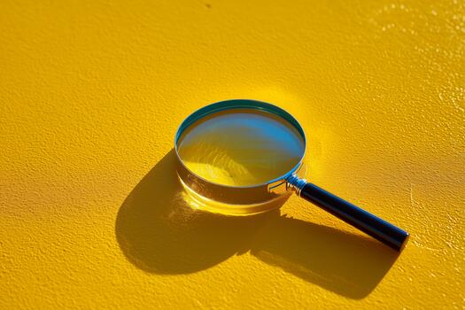 Magnifying Glass Resting on a Bright Yellow Surface Creating Intriguing Reflections photo