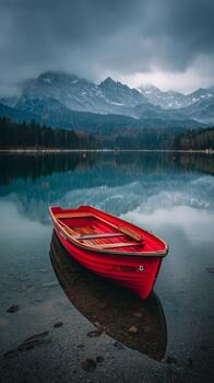 Bright Red Boat Rests on Calm Lake With Mountains and Cloudy Sky in the Background photo