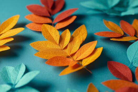 Colorful Autumn Leaves Arranged Around a Vibrant Turquoise Background in a Decorative Layout. photo