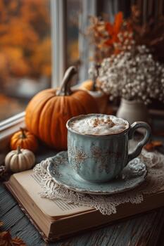 Cozy Autumn Scene With a Warm Drink, Pumpkins, and Decorative Elements by the Window. photo