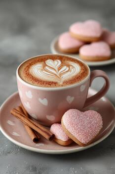 Warm Cup of Coffee With Pink Heart Cookies on a Plate in Cozy Setting photo