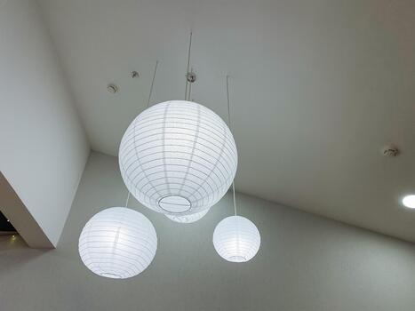 Chic radiant ceiling and tranquil glow, Sophisticated luminous ceiling complemented by gentle floating lights, Refined bright ceiling with serene floating lanterns and soft illumination photo