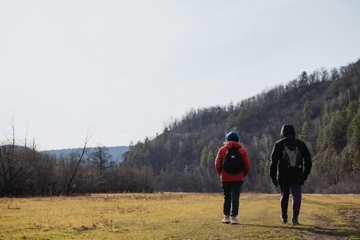 Two white researchers walking across open plain toward woodland, backpacks and practical gear, observational mood with distant birch line and rolling hills ideal for survey and data photo