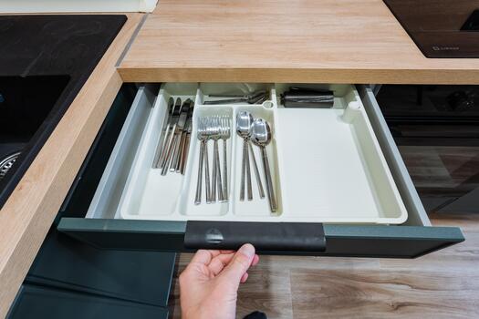 efficient utensil storage setup, hands demonstrating accessible and orderly kitchen drawer system, modern kitchen storage with neatly arranged cutlery and accessible utensil compartments photo