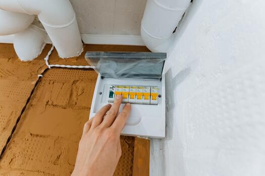 manual switch operation, handling circuit breaker for safety shutdown procedures, demonstrating manual activation of safety circuit breaker with focus on hand grip and operational safety photo