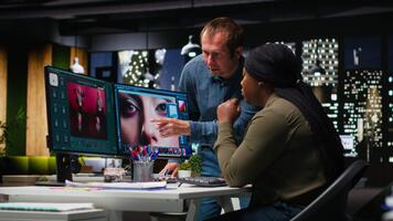 dos foto editores utilizando ai herramientas y programa para retocar y generando contenido, profesional imágenes para creativo industria. diverso fotógrafos edición materiales, texto a imagen. cámara b. video