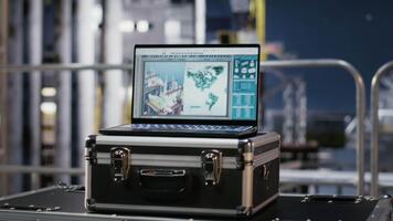 Offshore oil rig systems remotely monitored using asset management software, automating calibration, performance tracking and repair planning for energy production. Fossil fuels. video