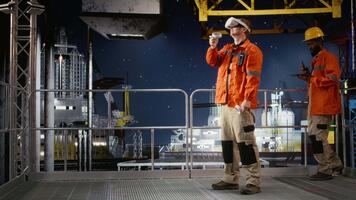 Engineer on offshore platform near oil rig use VR goggles to monitor drilling operations and manage power systems, blending virtual reality with real time fuel extraction supervision. Camera A. video