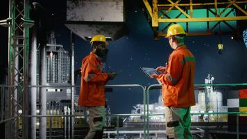 Industrial worker on offshore drilling rig evaluates data for emission tracking, tablet technology to manage efficient fossil fuels extraction from the maritime environment. Camera A. video