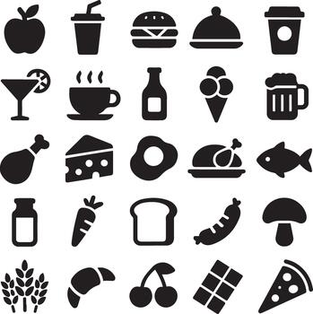 Food Icon Collection with Healthy and Fast Food Complete Food Icon Set for Nutrition and Dining Modern Food and Beverage Icon Pack Meal and Ingredient Icons Bundle vector