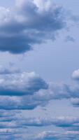 Dull grey horizon with multiple cumulus clouds. Cloudscape formation before the rain. Timelapse. Low angle view. Vertical video