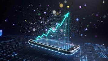 smartphone vilar på trogen lysande rutnät emitterande dynamisk färgrik data partiklar i mörk abstrakt digital Plats video