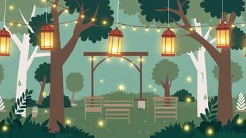 upplyst trädgård parkera med lysande lyktor och sträng lampor på kväll video