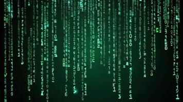 digital personagens em cascata baixa uma Sombrio tela criando a abstrato código corrente fundo video