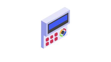 An isometric icon animation of a digital control panel with buttons and a display video