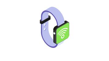 isometrisk ikon animering av en smart klocka visning wiFi signaler, symboliserar anslutning och teknologi. video