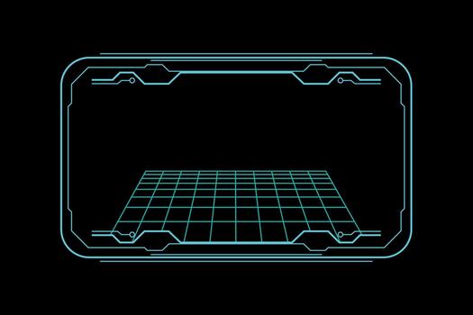 Futuristic HUD interface frame with neon tech and perspective grid vector
