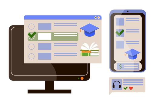 Set of illustrations e-learning, online courses, distance learning at universities and schools. Computer, phone, dialog box. Flat style illustration. vector