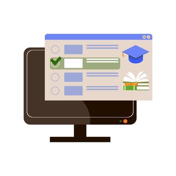 E-learning, online courses, distance learning programs at universities and schools. Computer with an information window. Flat illustration. vector
