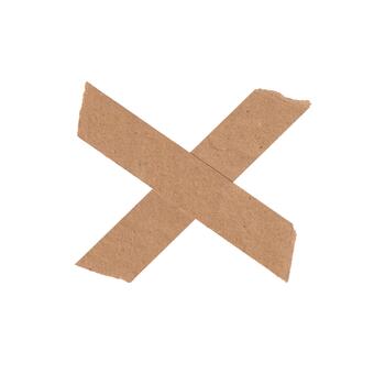 Realistic cross shape made of two strips of brown paper tape with torn, rough edges. Isolated rustic design element for marking or cancellation. photo
