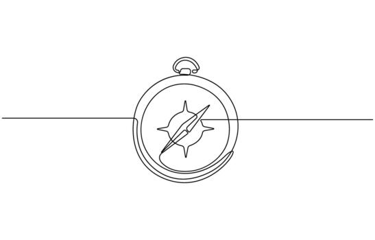Continuous one line drawing of Classic magnetic compass navigation tool illustration with directional arrows vector