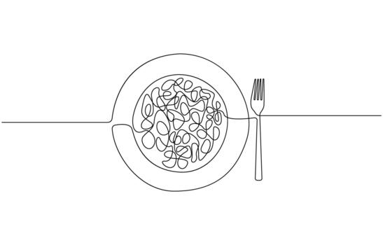 Continuous one line drawing of a delicious plate of noodles with a fork ready to eat vector