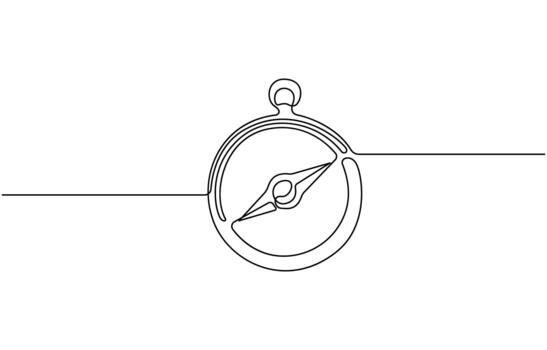 Continuous one line drawing of Classic magnetic compass design with nautical navigation elements vector