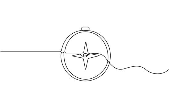 Continuous one line drawing of Classic magnetic compass illustration with directional arrows and nautical elements vector