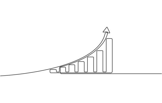 Continuous one line drawing of Growing business graph with upward trend and data points isolated on white background vector