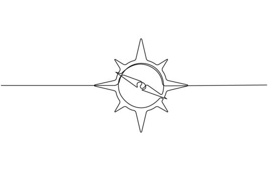 Continuous one line drawing of Classic magnetic compass navigation tool with detailed needle and cardinal points vector