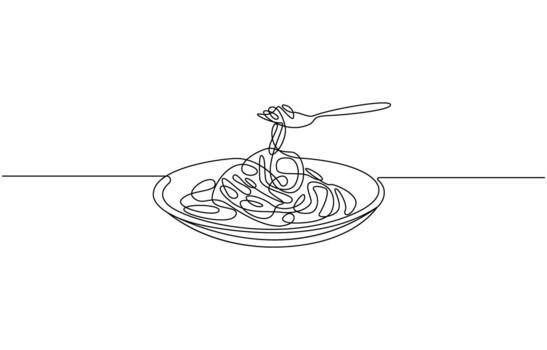 continuo uno línea dibujo de de un delicioso fideos plato servido en un plato con un tenedor Listo a comer vector