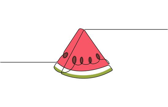 Continuous one line drawing of watermelon slice illustration with seeds and rind detail symbol vector