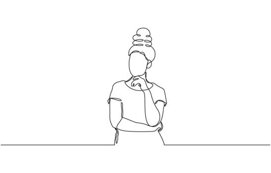 Continuous one line drawing of Young woman deep in thought for a banner or advertisement design vector