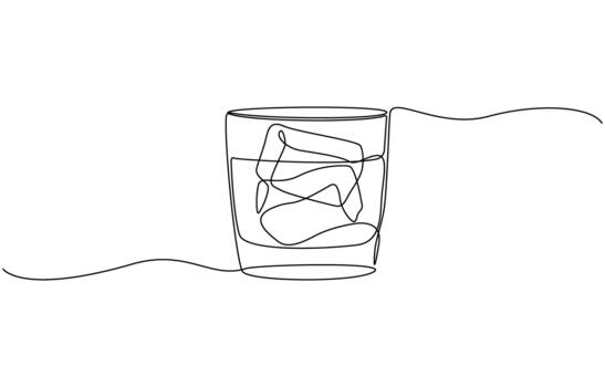 Continuous one line drawing of Clear whiskey glass filled with ice cubes and amber liquid vector