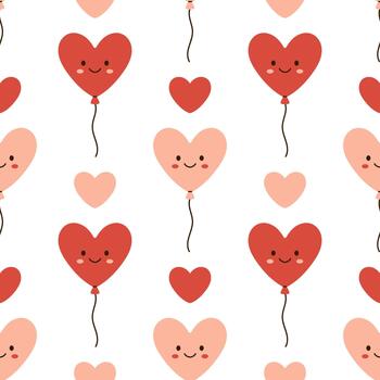 seamless pattern with smiling heart shaped balloons and hearts on white background. Cute romantic print for Valentines Day holiday, wrapping paper, greeting, and children design in flat style. vector