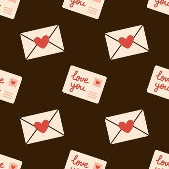seamless pattern with envelopes, letters, postcards, hearts on dark background. Romantic print for Valentines Day, greeting cards, wrapping paper, textile, and festive design in flat style. vector