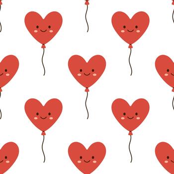 seamless pattern with smiling heart shaped balloons on white background. Cute romantic print for Valentines Day, children textile, wrapping paper, greeting card, party decoration in flat style. vector