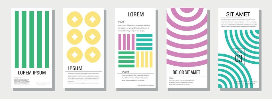 collection of minimalist posters with geometric backgrounds. Set of vertical banners with different colors vector