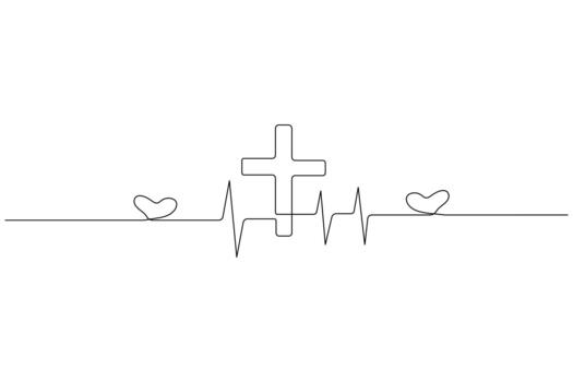Cross and pulse trace, heart, love, and heartbeat, simple continuous line sketch vector