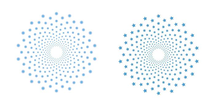 Blue glowing dots and celestial spiral circles with sparkling starburst vortex dot effects on transparent background vector