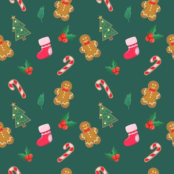 festivo modelo ilustración con pan de jengibre, árboles, y caramelo bastones vector