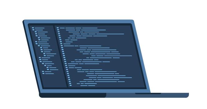 ordenador portátil con taza de café. lugar de trabajo de descifrador, en línea programador. codificación y programación, desarrollando sitios utilizando especial idioma. ilustración. vector