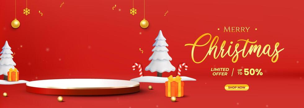 Vibrant Red Christmas Scene With Snowy Trees, Gifts, And A Round Display Platform vector