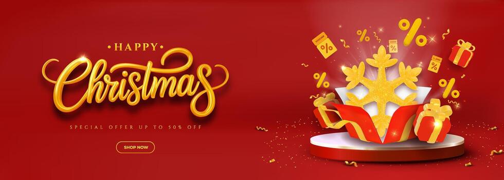 Happy Christmas Promotion With Golden Script Typography, Gifts, Snowflake, And Red Stage Display vector