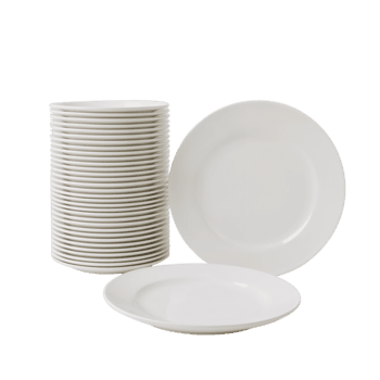 Stack of pristine white ceramic plates, arranged neatly with an empty background and isolated png