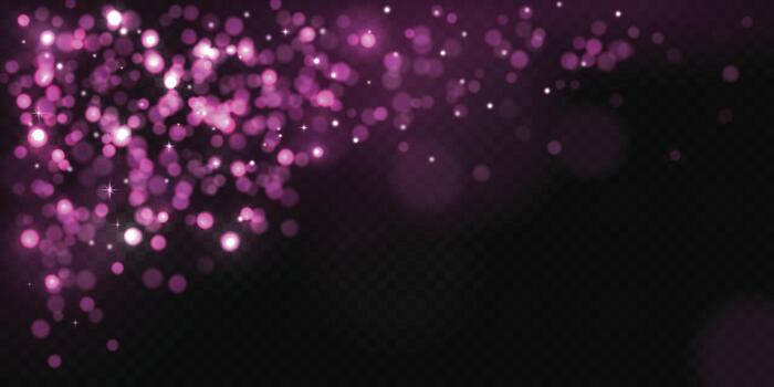 Soft pink and purple bokeh lights on a dark background with glowing particles and a dreamy festive atmosphere. vector