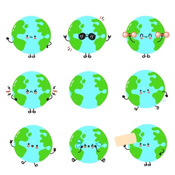 Earth character expressing different emotions and actions set vector