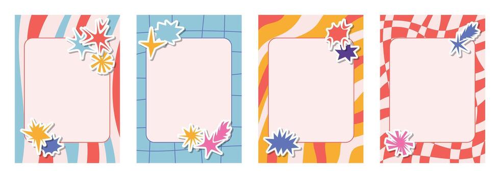 Retro note sheets and cards with checkered and striped patterns paired with irregular star and sparkle collage stickers. Sharp angular elements bring a dynamic artistic feel to craft projects. vector